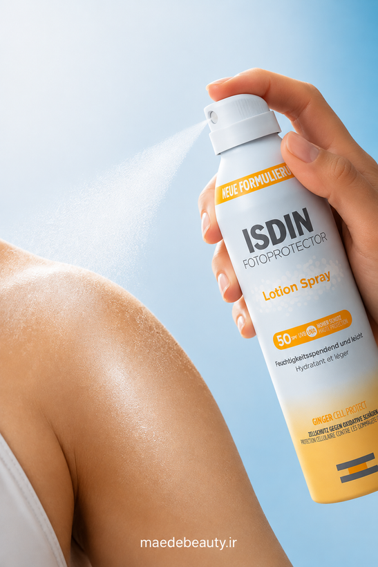 لوسیون اسپری ضد آفتاب ایزدین SPF50 مناسب صورت و بدن